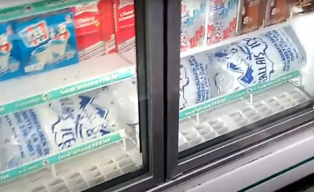 bags of ice in dollar store on bottom shelf